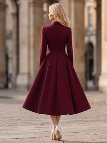 Editum Gaun Elegan, Gaya Hepburn, Leher V Kecil, Rok Mengembang Bervolume, Detail Kerut, Gaya Prancis, Musim Gugur/Pernikahan/Kantor - Burgundy - View 2