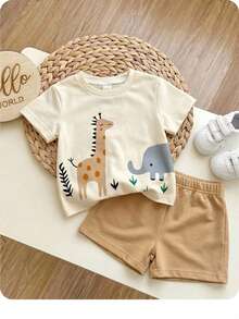 SHEIN Baby Boy Casual Simple Top Suitable For Spring And Summer, Classic Cute Cartoon Giraffe, Elephant Pattern Print, Handsome Little Animal Gathering Pattern Print - Multicolor - View 6