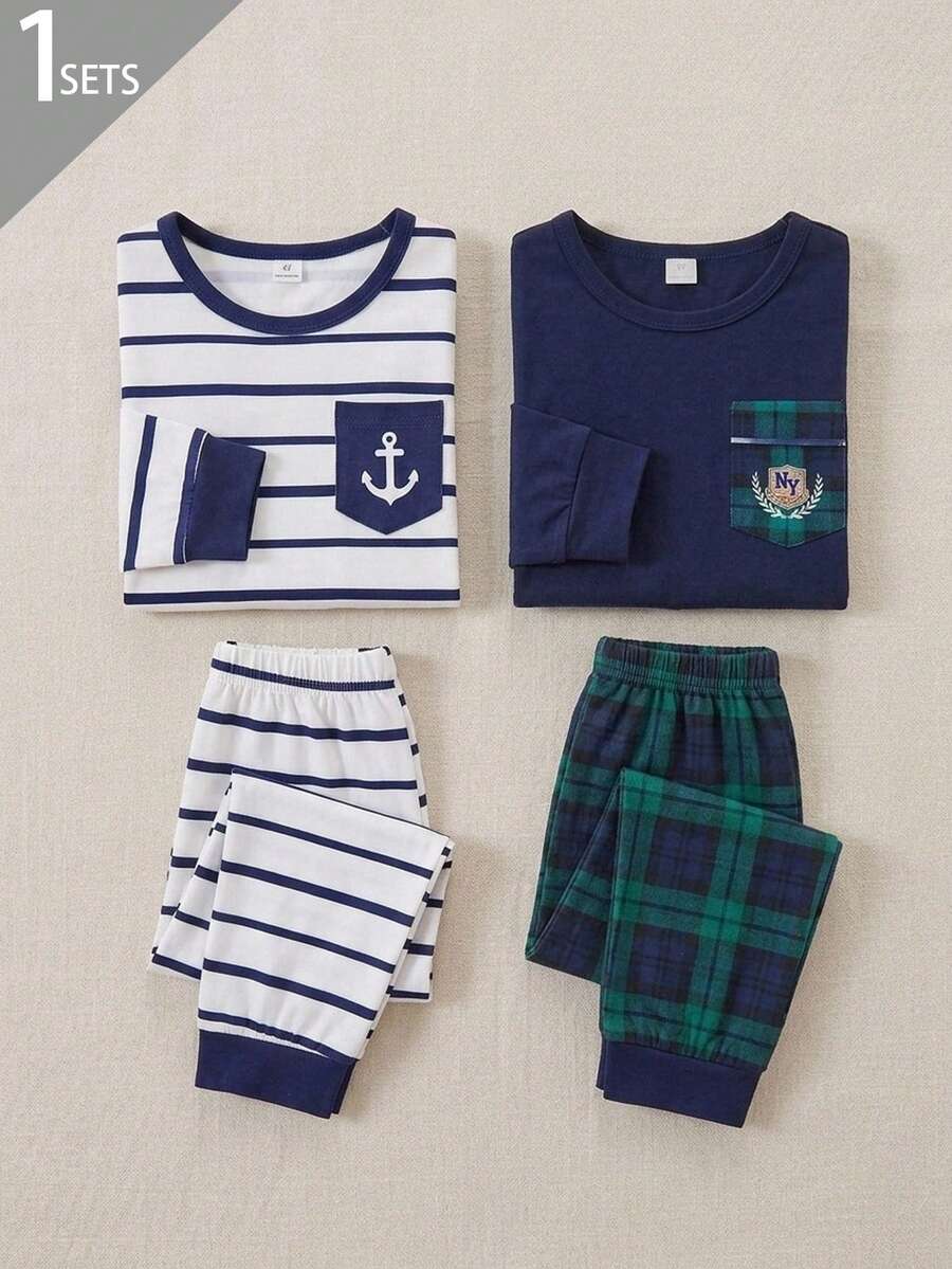 SHEIN Vintaside Kids 2件組男孩長袖休閒條紋寬鬆套裝,秋季慵懶休閒風,送給男孩的最佳禮物 - 藏蓝色 - 查看 1