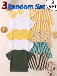 Souflis Souflis 3 Random Sets,Casual Vacation Ocean Element Pattern, Expression Element Pattern, Animal Element Pattern Printed Round Neck Short - Multicolor - View 2