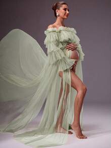 MaterniChic Sexy Fashionable Mesh Ruffle Hem Slit Dress For Pregnant Women Fall - Green - View 5