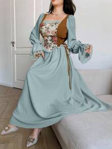 Modelyn 女士优雅撞色提花连衣裙 - 綠色 - 查看 6