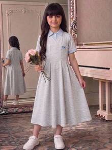 SHEIN Tween女孩灰色休閒羅紋領羅紋袖口喇叭A字領襯衫領返校洋裝，適合休閒穿著、外出、運動與派對 - 灰色 - 查看 1