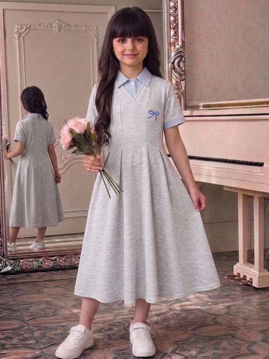 SHEIN Tween女孩灰色休閒羅紋領羅紋袖口喇叭A字領襯衫領返校洋裝，適合休閒穿著、外出、運動與派對 - 灰色 - 查看 1