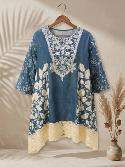 Rusticease Vestido de Férias Elegante com Patchwork de Renda Plus Size