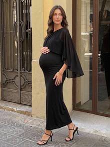 MaterniWear Maternity Solid Color Fashion Ruched Wrap Dress Photoshoot Black Autumn Fall Elegant Wedding - Black - View 3