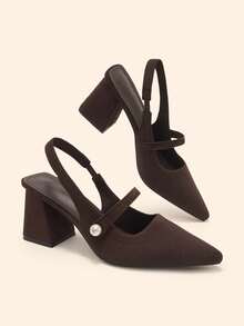 CUCCOO BASICS 時尚經典飛織透氣舒適通勤派對宴會尖頭粗跟女款高跟鞋 Slingback 後跟帶鞋 - 咖啡棕 - 查看 1