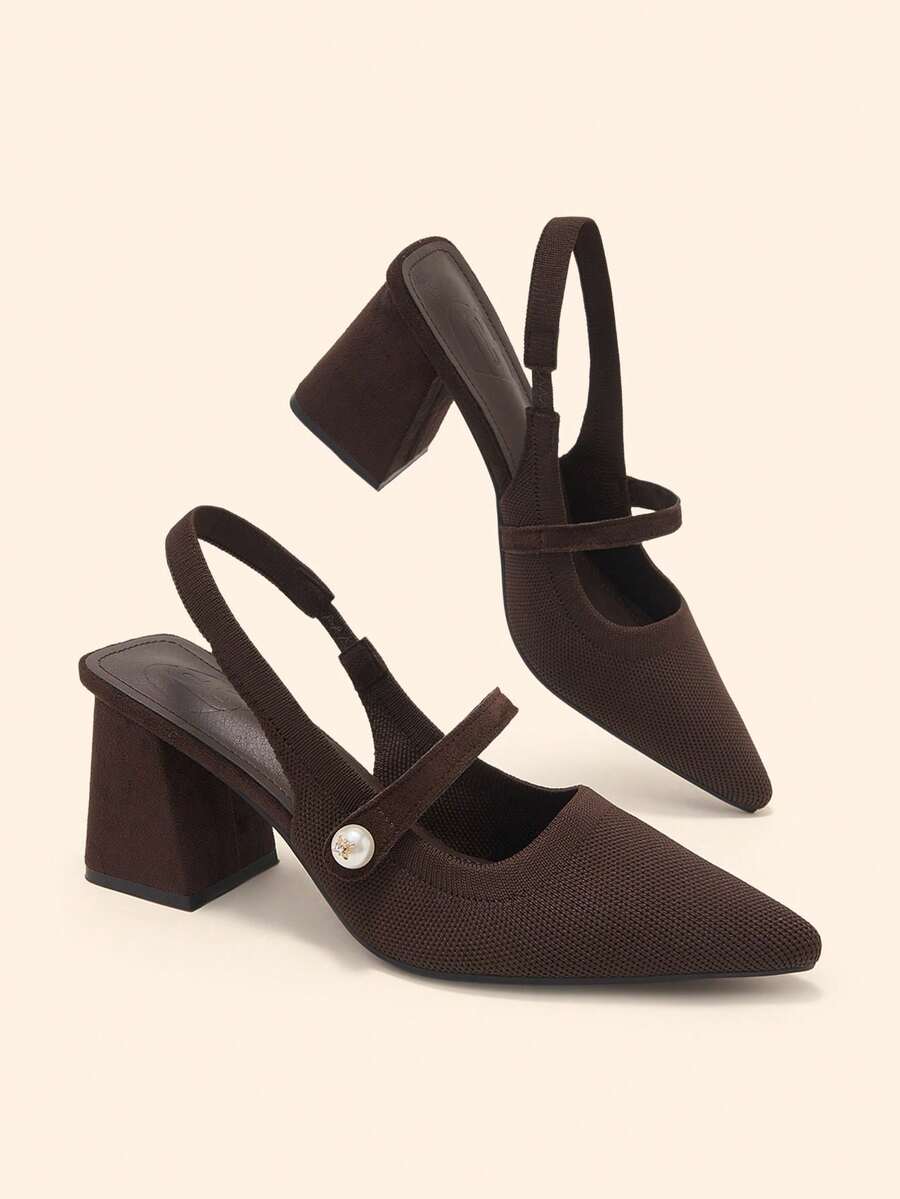 CUCCOO BASICS 時尚經典飛織透氣舒適通勤派對宴會尖頭粗跟女款高跟鞋 Slingback 後跟帶鞋 - 咖啡棕 - 查看 1