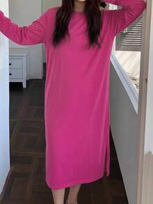 Dazy Plus Letter Print Striped T-Shirt Loose Fit Plus Size Women Spring Summer Loungewear Nightgown - Hot Pink - View 4