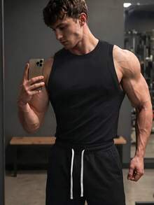 GymBeat 男士純色圓領無袖修身休閒透氣運動背心壓縮上衣，健身黑色 - 黑色 - 查看 7