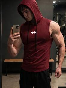 GymBeat Men's Graphic Print Hooded Neck Pocket Fashion Sports Tank Top, Gym Summer - Burgundy - View 6