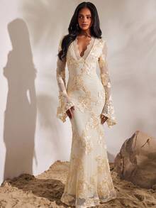 Opulessa Women's Elegant Party Dinner Floral Embroidered Mesh Dress Wedding White Floral Autumn - Yellow - View 4