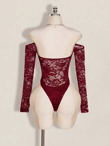 SHEIN ICON 女款蕾絲露肩性感百搭長袖連身衣 - 酒紅色 - 查看 2