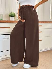 SHEIN Maternity Casual Versatile Solid Color Wide Leg Pants - Coffee Brown - View 4