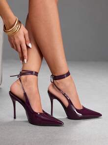 CUCCOO SZL Temperament Burgundy Patent Leather Lace-Up Empty High Heels, Banquet Commuter - Burgundy - View 5