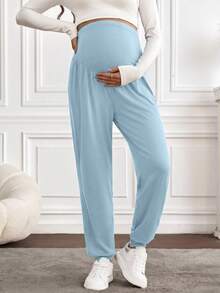 SHEIN Maternity Casual Versatile Solid Color High Waist Pants - Baby Blue - View 3