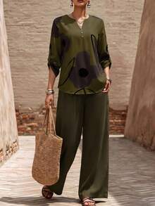 Elouméa Women's Standard Size Solid Color Floral Print Matching Top And Bottom Contrast Color Casual Vacation Set Autumn Fall/Winter - Multicolor - View 3