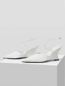 Mnmlis Spring And Summer Buckle Strap Design Pointed Wedge Heel Light Luxury Glossy White Rear Empty High Heel Sandals Party Dinner Fall Shoes - White - View 5