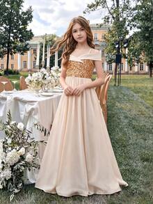 SHEIN Tween Girls Champagne Fall Dress Evening Gown Fall Style Robe Soirée Robe Automne Hiver Christmas Wedding Guest Sequin Off Shoulder Maxi Clothes - Champagne - View 7