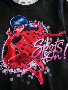 Miraculous Ladybug X SHEIN Young Girls Minimalist Printed Round Neck Short Sleeve Top And Pants Pajama Set - Black - View 4