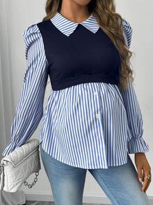 SHEIN Maternity Spring/Autumn Casual Stripe Patchwork Puff Sleeve 2 In 1 Nursing Shirt Fall - Multicolor - View 5