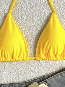 Swim Basics Summer Beach Halter Triangle Bikini Top - Yellow - View 4