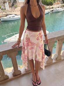 Aloruh Women's Floral Print Asymmetrical Hemline Skirt For Vacation - Baby Pink - View 4
