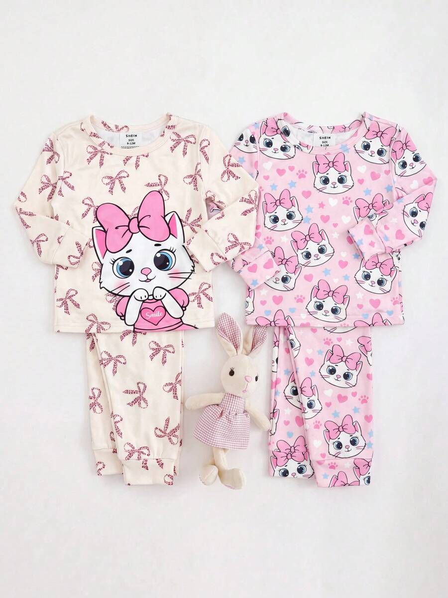 SHEIN 女嬰卡通圖案可愛修身居家服套裝 4件組 刷毛加厚內裡保暖冬季款 - 粉色 - 查看 1