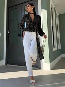 Yohana Edit Blusa elegante con volantes desmontables de gasa de color crema y hilo de plata, adecuada para ir al trabajo, citas y uso diario en primavera/verano - Negro - Ver 4
