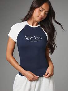 MISSGUIDED New York Health And Wellness Chest Print Crop Raglan T-Shirt Crew Neck Short Sleeve Color Block Slim Fit Tee Summer Essential - Royal Blue - View 5