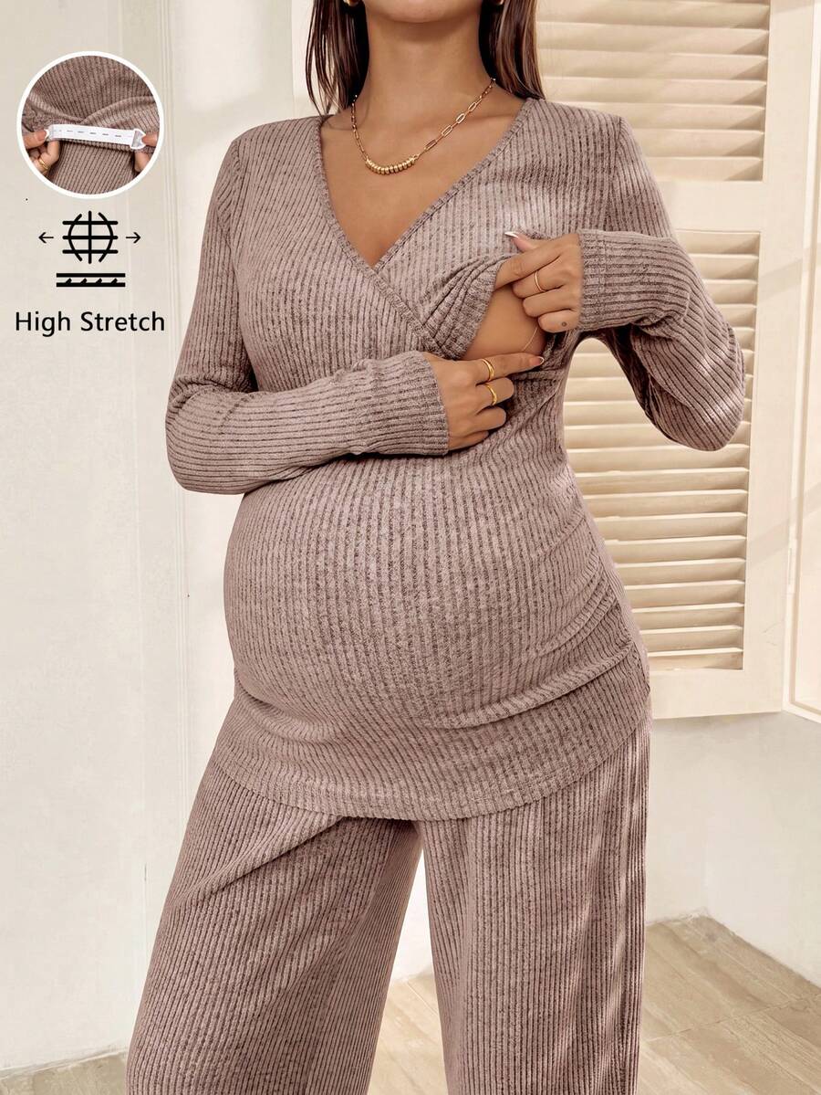 SHEIN 孕婦純色長袖T恤與長褲休閒哺乳兩件套 秋季 - 藕粉色 - 查看 1