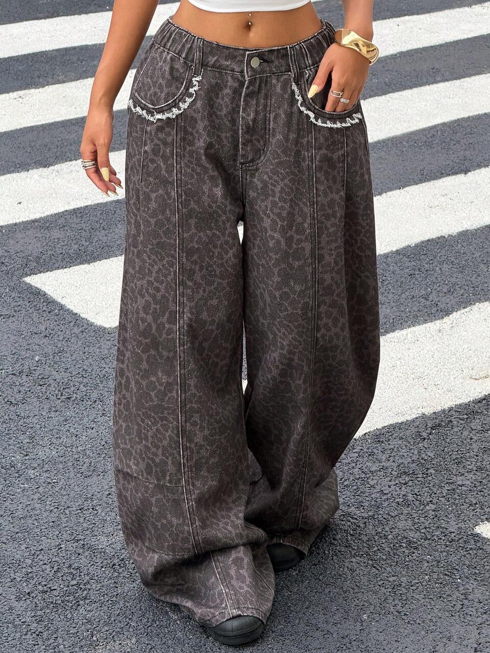 Autumn Summer High Waist Grey Leopard Print Loose Harem Pants Casual Streetwear Y2k 2000s Street Outdoor Going Out Night Out Women's Denim Jeans Y2K