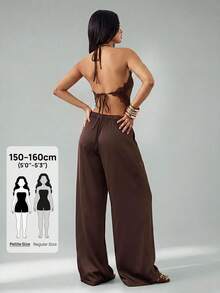 SHEIN PETITE 女款性感復古緞面對比蕾絲細肩帶上衣與低腰口袋寬腿褲套裝，夏季套裝，適合度假套裝，褲裝套裝，沙灘套裝，夏季棕色套裝，棕色連身褲，夏季套裝 - 棕色 - 查看 3