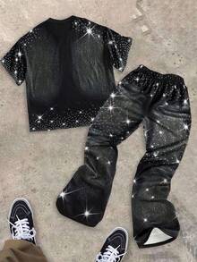 SHEIN 2件組青少年男孩休閒極簡風T恤套裝，經典酷感星星與閃亮珍珠印花，Y2K - 彩色 - 查看 3