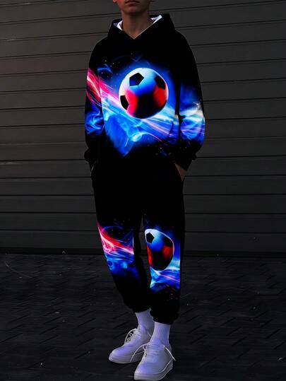 SHEIN 2pcs Kids Tween Boy Casual Sports Everyday Versatile Comfortable Football Print Pattern Hoodie Loose Pullover Long Sleeve Sweatshirt Cuffed Loose Sweatpants Knit Sweatshirt Set 2-Piece
