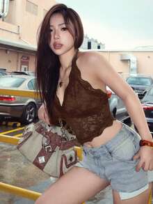 ROMWE Fairycore Kamisol Wanita Seksi Modis Model Halter Berkerah V dengan Hiasan Renda untuk Hari Valentine, Tema Pedesaan Musim Semi/Panas - Coklat - View 4