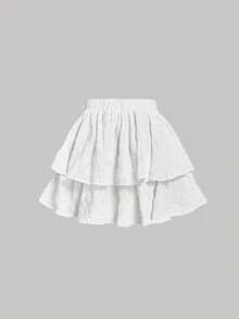SHEIN MOD 女款彈性腰短款休閒純色雙層荷葉邊白色裙 - 白色 - 查看 2
