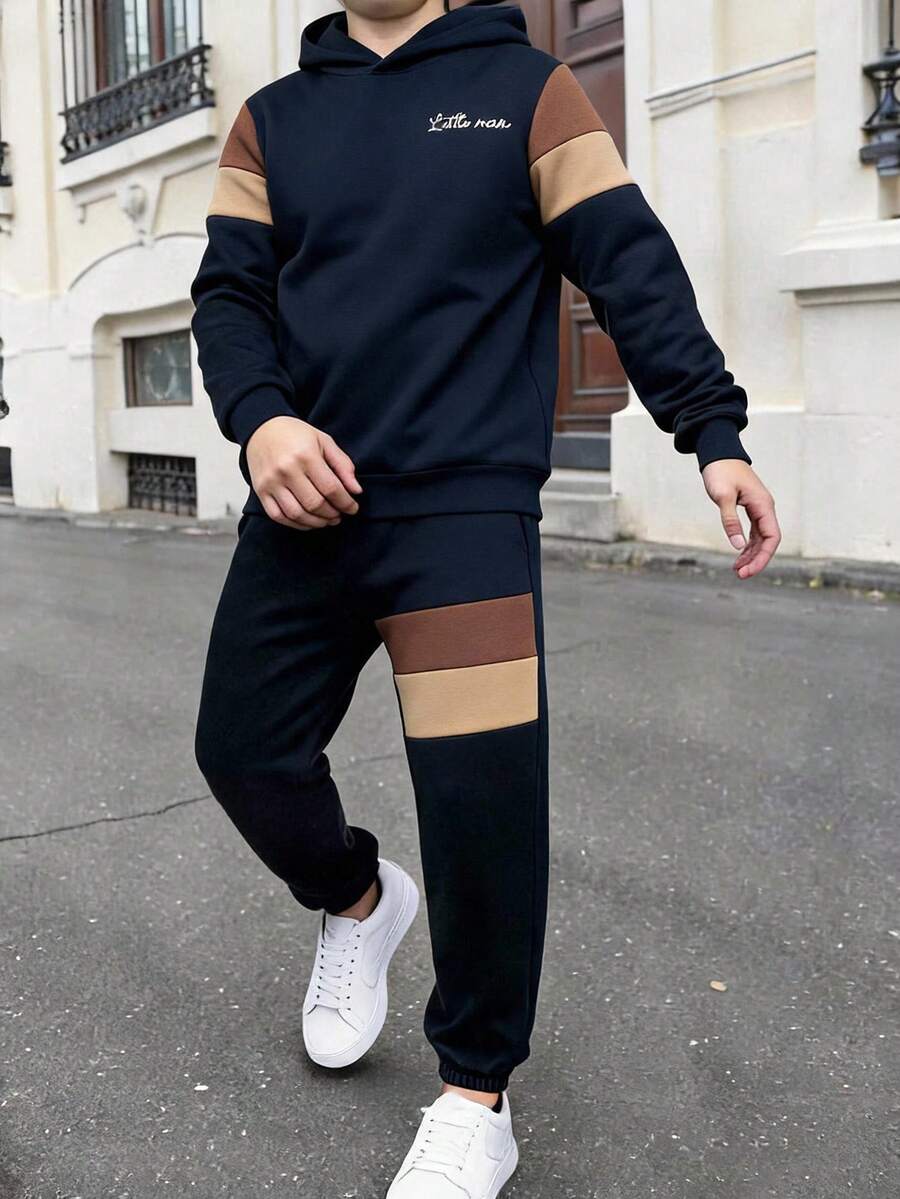 Conjunto de 2 piezas de sudadera con capucha y pantalones de chándal para niño preadolescente, vuelta al colegio, adecuado para desplazamientos - Multicolor - Ver 1