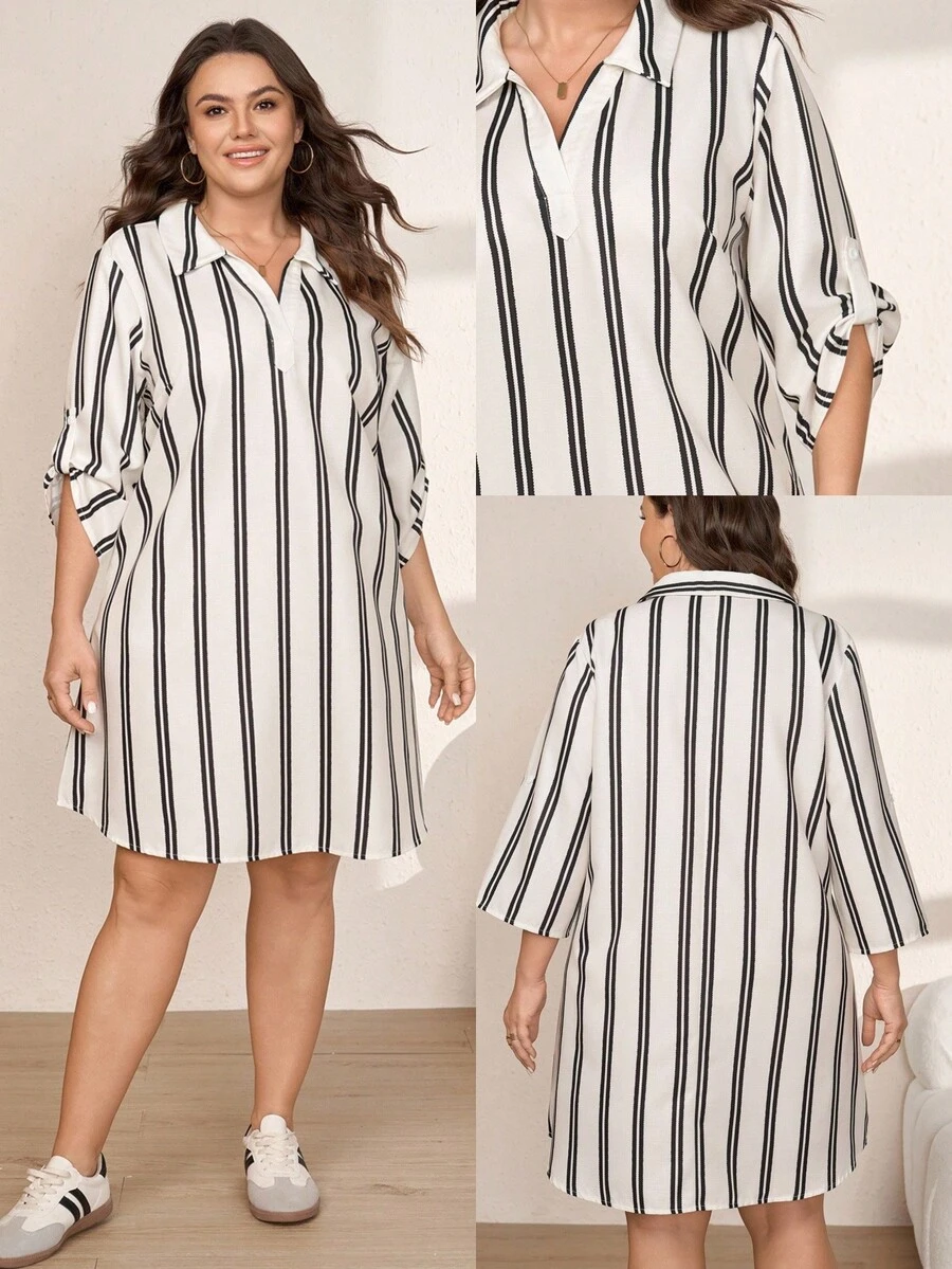Comfylo Plus Size Women's Striped Colorblock Casual Daily Wear Dress Fall - Black and White - View 1