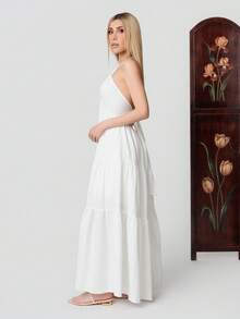 PRISCILA ESCOTO PRISCILA ESCOTO Women's Romantic Floral Printed Beach Vacation Halter V-Neck Pleated Backless A-Line Dress For Summer Hawaii,White Graduation Dress Elegant Party - White - View 5