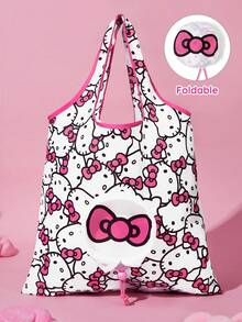 HELLO KITTY AND FRIENDS | SHEIN 可愛貓咪印花可折疊購物袋，附抽繩收納袋，大容量輕量可重複使用，適用於買菜與日常使用 - 白粉 - 查看 2