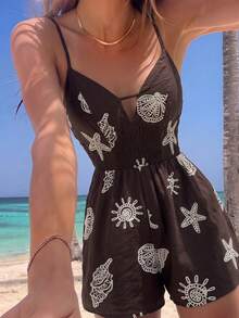 SHEIN MOD 女款度假休閒熱帶貝殼刺繡細肩帶連身褲，深棕色夏季海灘鄉村度假穿搭，適合派對、萬聖節、返校季 - 棕色 - 查看 3