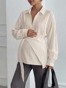 DAZY Áo sơ mi bầu tay dài dáng rộng màu trắng trơn, thiết kế cổ bẻ thắt nơ, áo blouse công sở cho mùa xuân hè thu - trắng - Xem 3