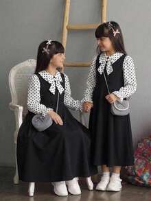 SHEIN 少女開學穿搭，修身黑白波點拼接長袖洋裝，3D蝴蝶結裝飾，開領設計，復古學院風，精緻大蝴蝶結細節，休閒襯衫洋裝 - 黑色 - 查看 9
