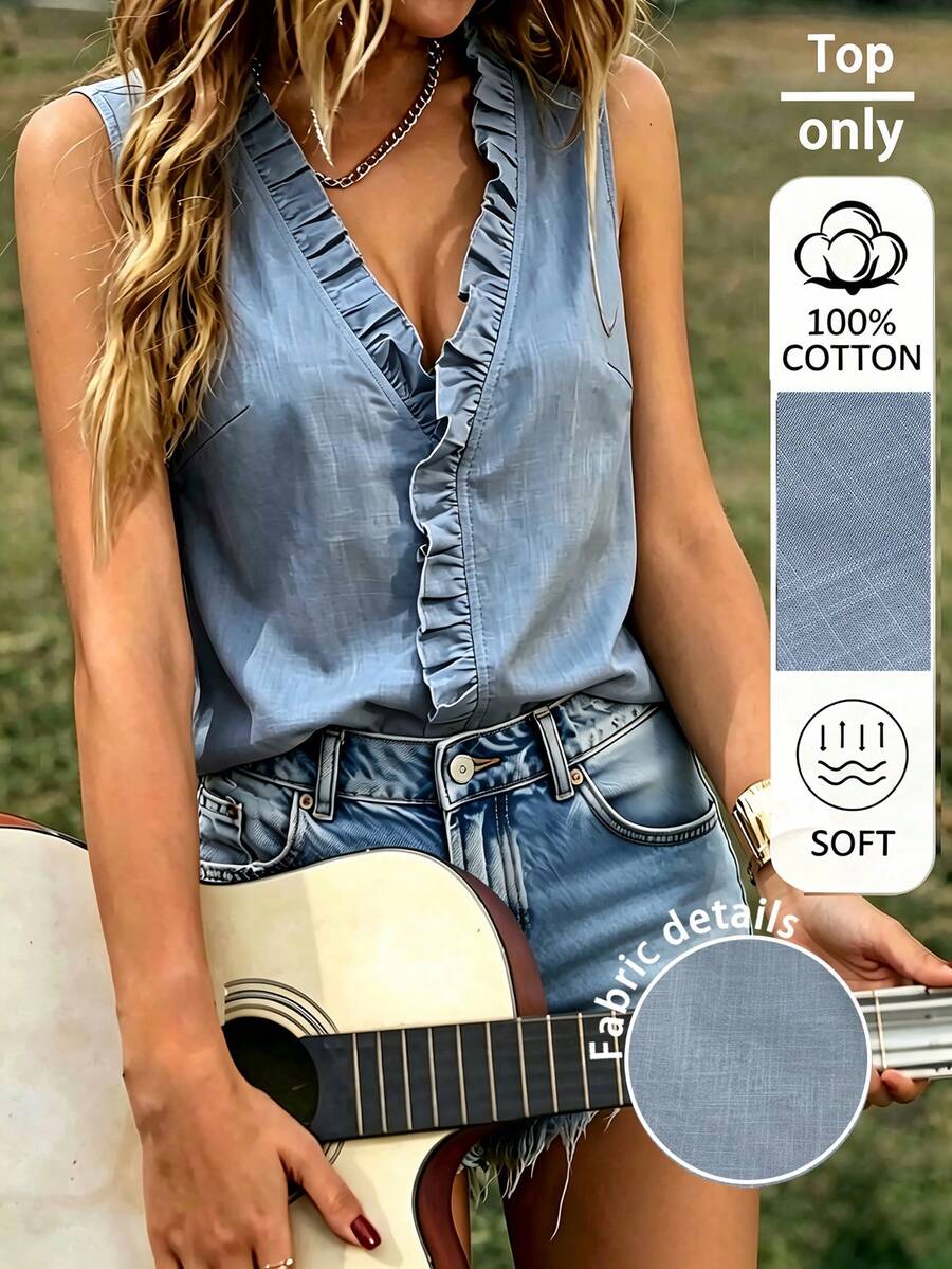 EMERY ROSE Women's Solid Color V-Neck Ruffle Casual Alt Alt Versatile Daily Wear Blouse Vacation Light Blue Summer Vacation - Blue - View 1