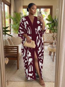 SHEIN Lady Plus Size Vacation Fashion All-Over Print High Slit Dress - Burgundy - View 4