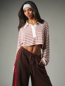 MISSGUIDED ملابس علوية بولو مخططة قصيرة بأكمام طويلة بقصة فضفاضة مربعة وياقة كاجوال بأسلوب ربيعي صيفي - ابيض واحمر - مشاهدة 6