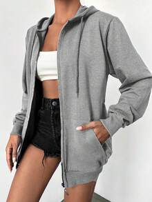 EURMUSE 1pc Casual Solid Color Zip Up Drawstring Hoodie, Autumn/Winter - Light Grey - View 3