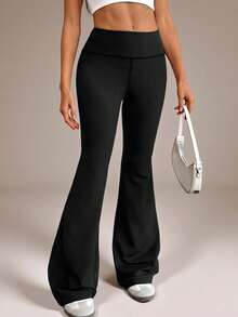 SHEIN Tall Women's Solid Color Slim Fit Versatile Daily Wear Flare Pants - Black - View 5