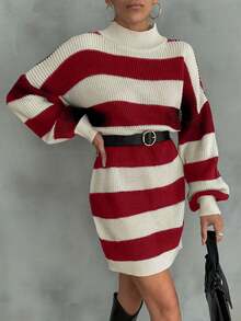 EURMUSE Vestido de suéter con hombros caídos y patrón a rayas para mujer - Rojo - Ver 4